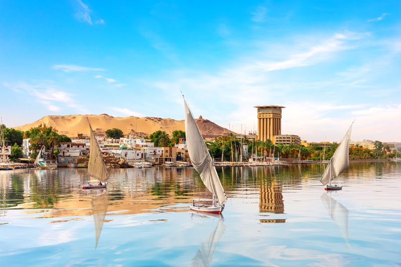 Sailboats on the Nile River in Aswan, Egypt