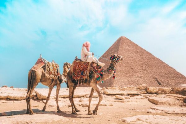 Bedouin with camels near Great Pyramid of Khufu